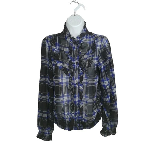 Vero Moda Western  Plaid Sheer Blouse, Ruffles, S - Picture 2 of 8